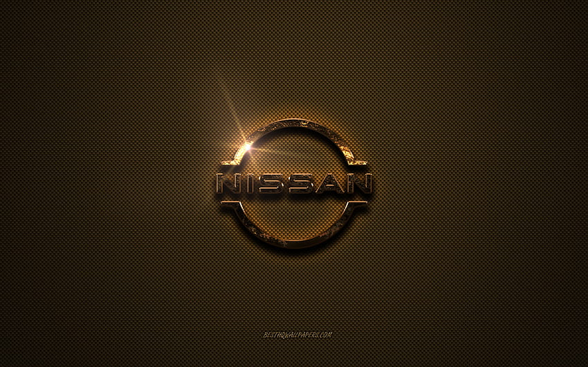 Logo dorato Nissan, opera d'arte, in metallo marrone, emblema Nissan, logo Nissan, marchi, Nissan Sfondo HD