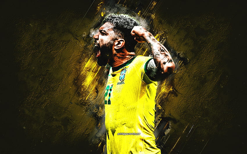 Gabriel Barbosa, Brezilya Milli Futbol Takımı, Brezilyalı Futbolcu, Portre, Sarı Taş Arka Plan, Brezilya, Futbol HD duvar kağıdı