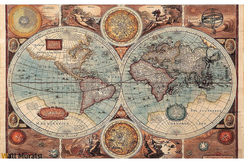 mural old world map in blue hue HD wallpaper