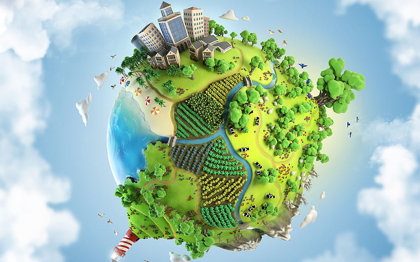 3D 지구, 생태학 개념, 가소인 지구, 환경, 행성, 하늘, 나무, 강을 해상도로 돌봅니다. 고품질 HD 월페이퍼