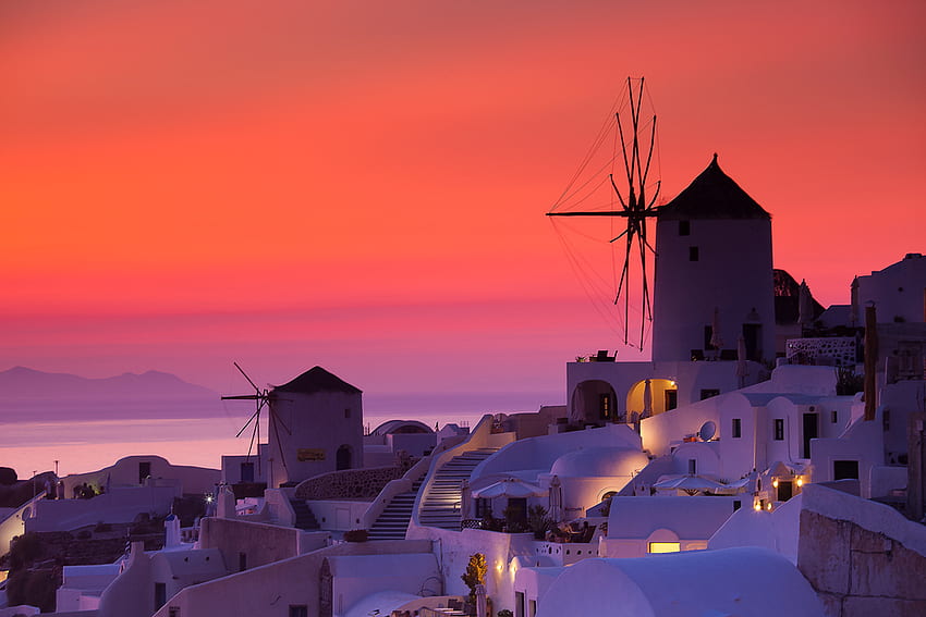 Santorini, morze, grecja, architektura, kolory, piękne, domy, lato, światła, chmury, natura, niebo, zachód słońca Tapeta HD