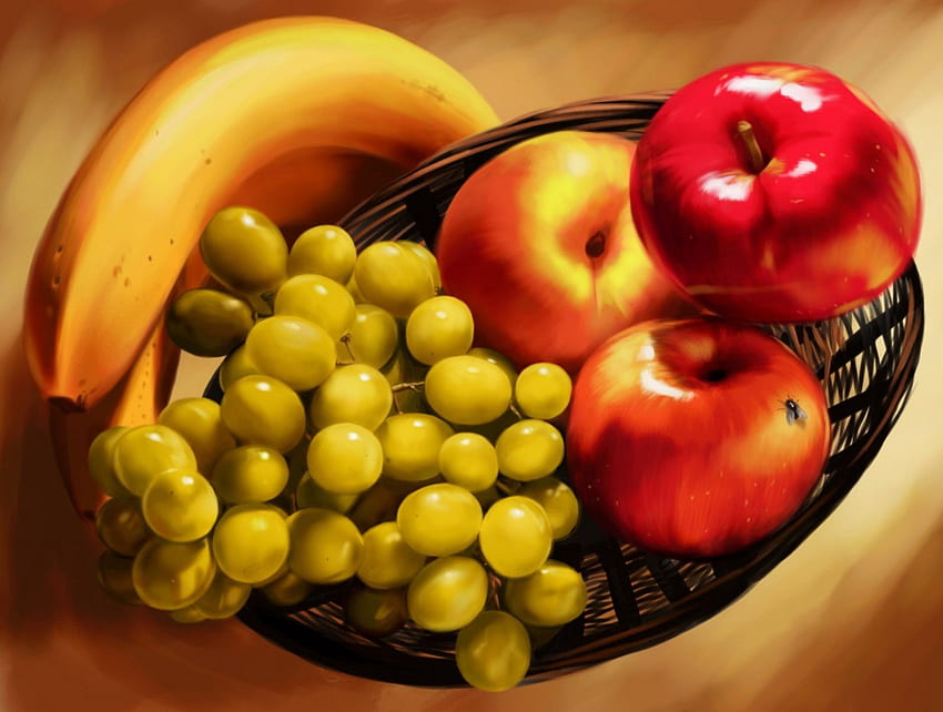 Frisches Obst auf dem Tisch, Banane, lecker, schön, Obst, schön, Korb, Äpfel, Biene, lecker, Traube, schön, frisch HD-Hintergrundbild