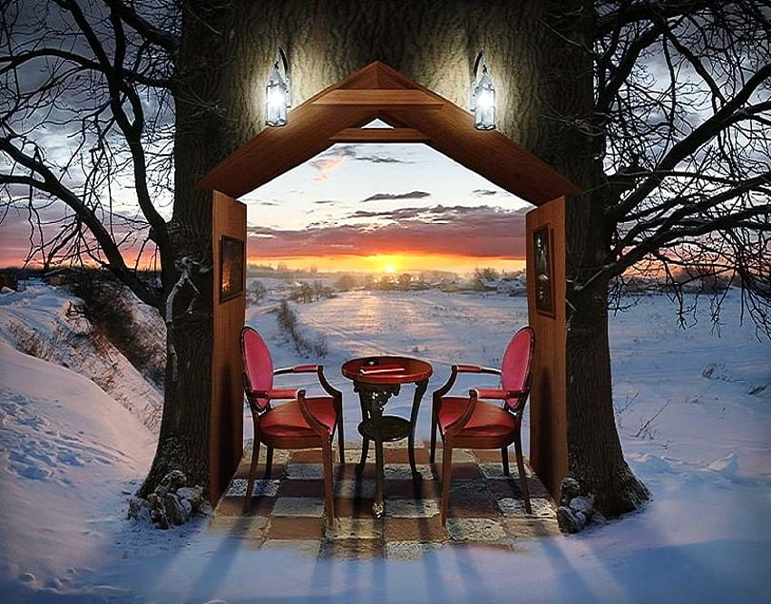Zimowa noc, zima, stół, polana, nakrycie dla dwojga, krzesła, śnieg, gałęzie, drzewa, zachód słońca Tapeta HD