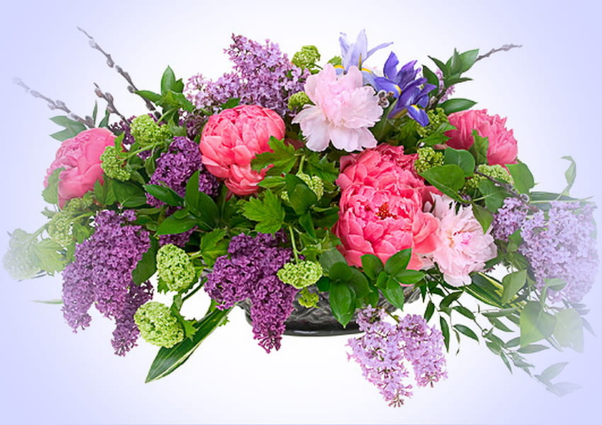 Blooms and lilacs, blue, purple, pink, white, roses, lilacs, flowers, arrangement HD wallpaper