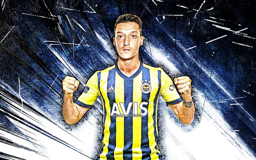 Mesut Ozil, sztuka grunge, Fenerbahce SK, Turkish Super Lig, niemieccy piłkarze, piłka nożna, niebieskie abstrakcyjne promienie, Fenerbahce FC, Mesut Ozil Fenerbahce Tapeta HD