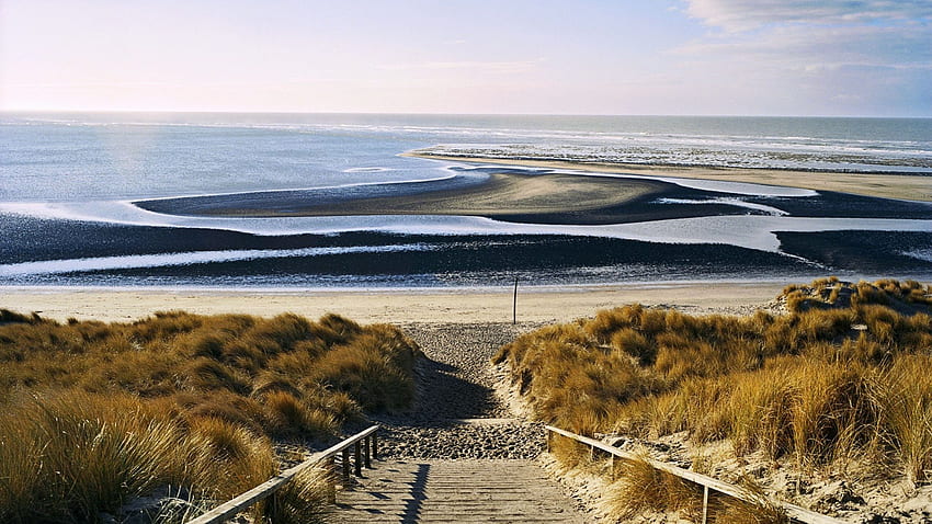 ขั้นตอนที่นำไปสู่ชายหาดที่ maasvlakte holland ทะเล ขั้นบันได หญ้า ชายหาด วอลล์เปเปอร์ HD