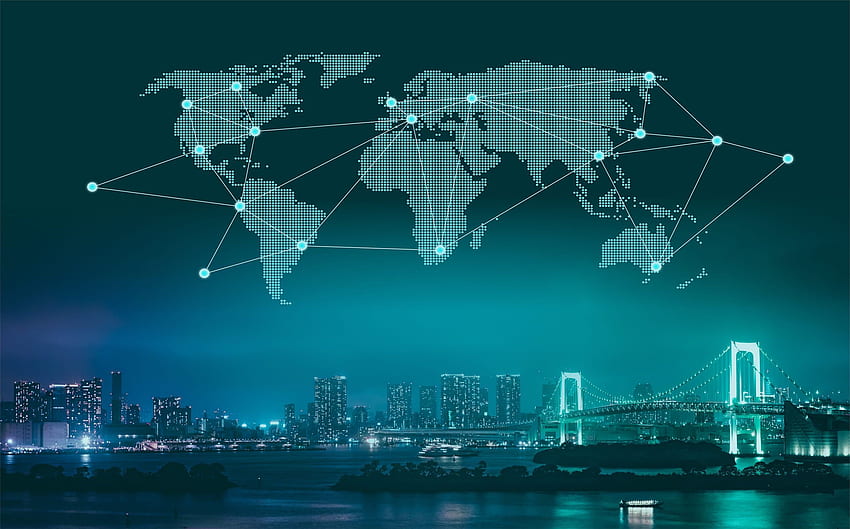Perdagangan dan Perniagaan - Peta Dunia Di Atas Kota di Malam Hari Wallpaper HD