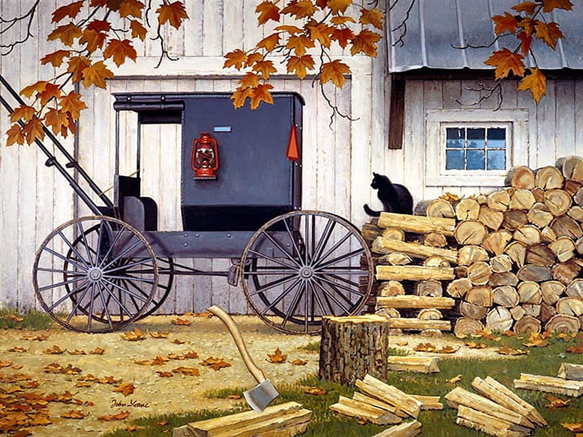 Amish Autumn, wood, cart, leaves, painting, fall, cottage HD wallpaper