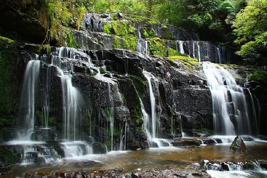 Stream of Waterfalls, falls, trees, water, rock HD wallpaper