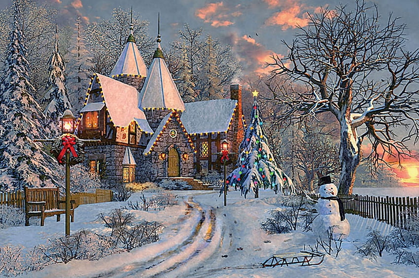 クリスマス コテージ F5mp、冬、12 月、アート、美しい、イラスト、アートワーク、風景、機会、ワイド スクリーン、休日、絵画、クリスマス、雪、コテージ 高画質の壁紙
