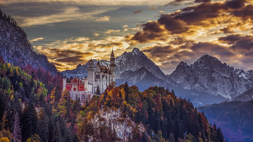 Colorful Autumn Trees Mountains Neuschwanstein Fairytale Castle Schwangau, Germany Travel HD wallpaper