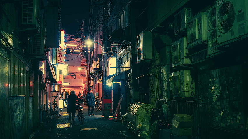 : 거리, 밤, 네온, 자전거, 도로, 초록, 일본, 도쿄 HD 월페이퍼