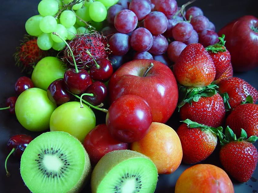 Fruit for You, sweet, grapes, nutritous, kiwi, delicious, bunch, apples, layers, fruit HD wallpaper