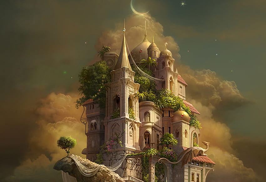 Castle, kidnapped princess island, moon, fantasy, cornacchia art, luna, cornacchiaart, luminos HD wallpaper