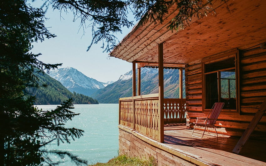 Cabin by Mountain Lake, mountains, lake, log, cabin, veranda HD wallpaper