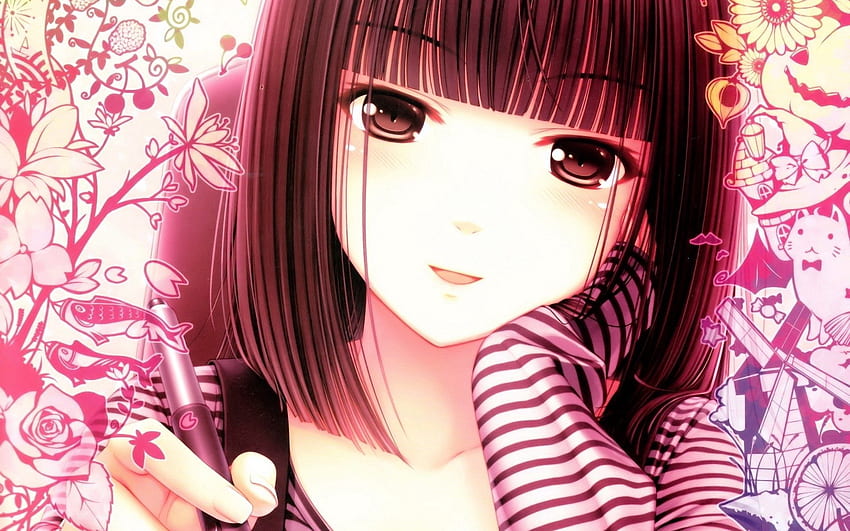 Anime, Girl, Pen, Face HD wallpaper