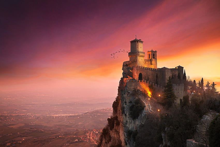 architecture, Castle, Nature, Landscape, Trees, San Marino, Rock, Hill, Town, Tower, Sunset, Clouds, House, Birds / and Mobile Background HD wallpaper