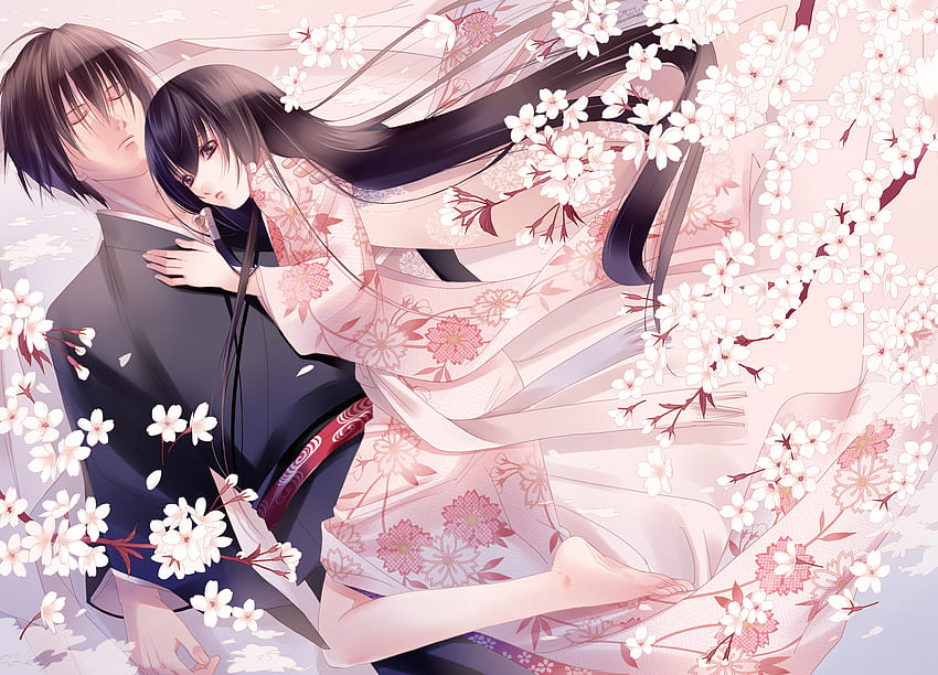 Mädchen, braune Augen, lange Haare, rosa, Kimono, braune Haare, Blumen HD-Hintergrundbild