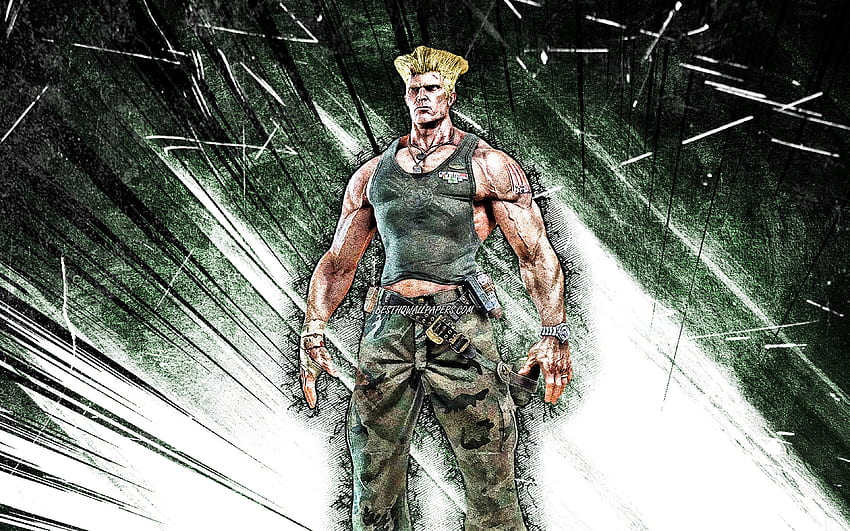 Guile, гръндж изкуство, воини, Street Fighter, зелени абстрактни лъчи, протагонист, Guile Street Fighter HD тапет