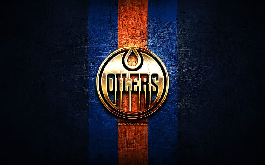Edmonton Oilers, logotipo dourado, NHL, metal azul de fundo, time de hóquei americano, National Hockey League, Edmonton Oilers logo, hóquei, EUA para com resolução. Alta qualidade papel de parede HD