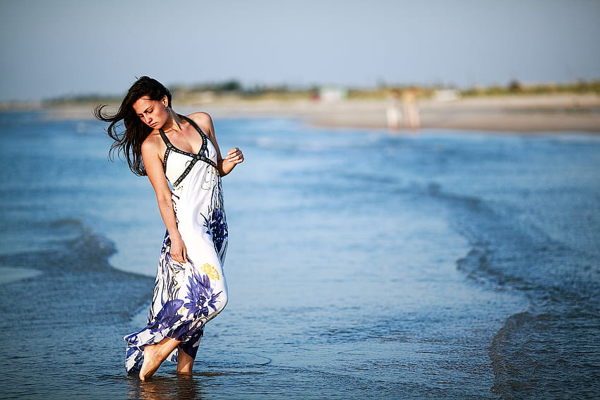 I Walk Alone..., sad, shore, lady, breezy, dreamy, lovely, water, beach HD wallpaper