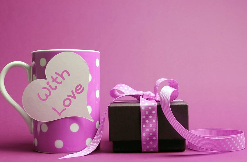 With Love, pink, love, ribbon, gift, cup, heart HD wallpaper