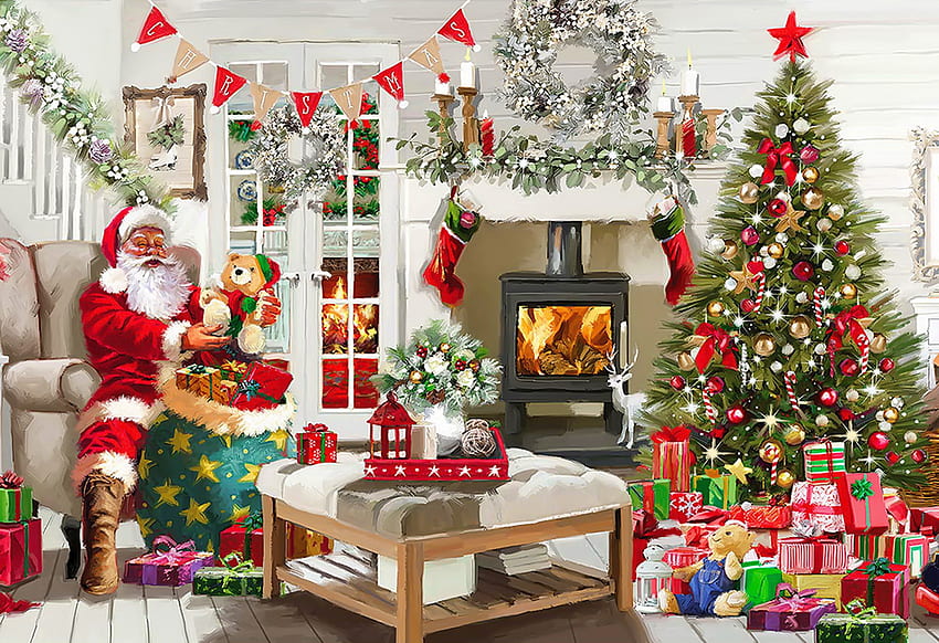 Cosy Santa, drzewo, zima, sztuka, przytulny, przeddzień, kominek, wakacje, dekoracja, prezenty, Boże Narodzenie, Santa, dom Tapeta HD