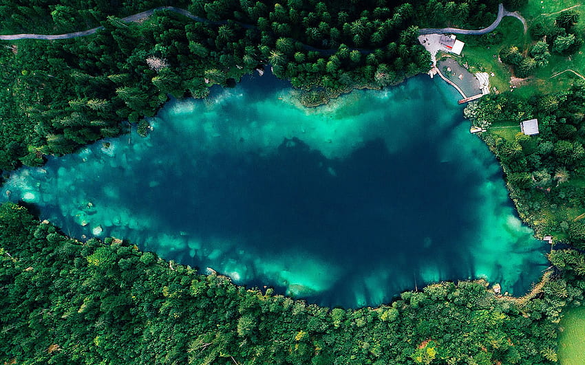 aerial view, blue lake, forest, summer, beautiful nature, blue water, R, travel concepts HD wallpaper
