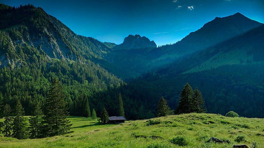 хижа в красива долина в Бавария, планини, гора, долина, хижа HD тапет