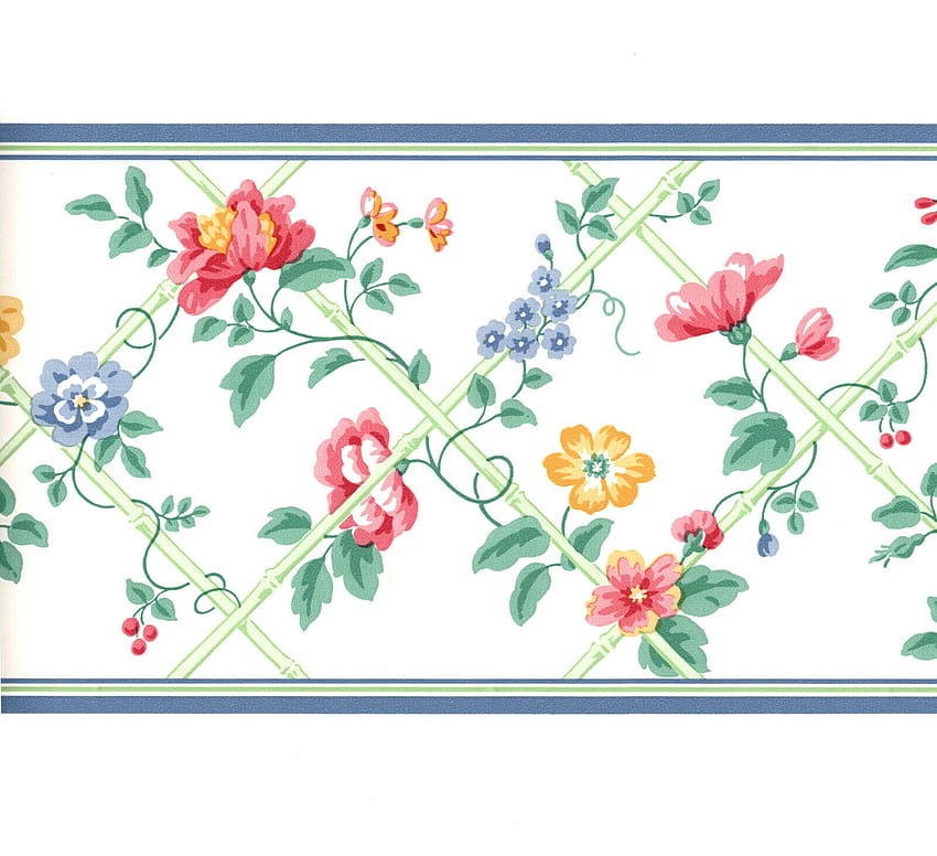 Blue Green Bamboo Lattice Red Yellow Rose Vine Floral Flower Wall paper Border HD wallpaper