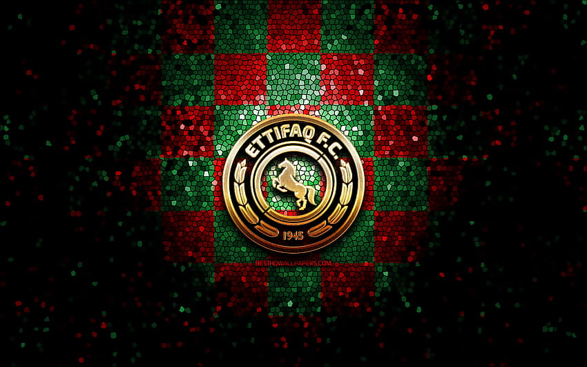 Al Ettifaq FC, logo gemerlap, Liga Profesional Saudi, latar belakang kotak-kotak merah hijau, sepak bola, klub sepak bola saudi, logo Al Ettifaq, Al-Ettifaq, seni mosaik, sepak bola, Al Ettifaq Wallpaper HD