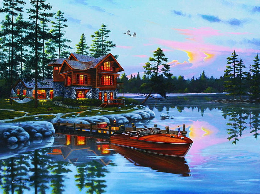 Blessed, artwork, boat, digital, trees, cottage, hammock, lake HD wallpaper