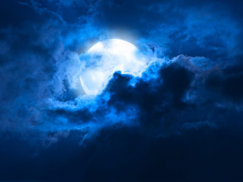 Full moon, night, blue, white, full, summer, moon, fantasy, luna, sky, cloud HD wallpaper