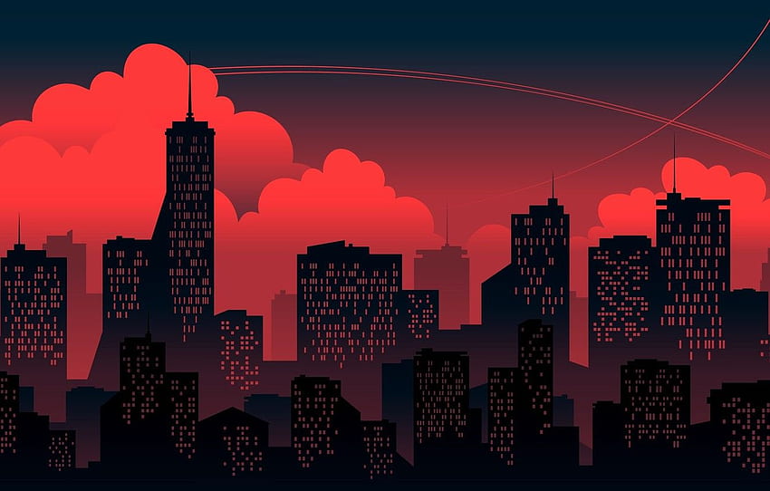 Sonnenuntergang, Rot, Wolken, Minimalismus, Die Stadt, Gebäude, Das Gebäude, Hintergrund für , Abschnitt минимализм, Minimalistische Skyline HD-Hintergrundbild