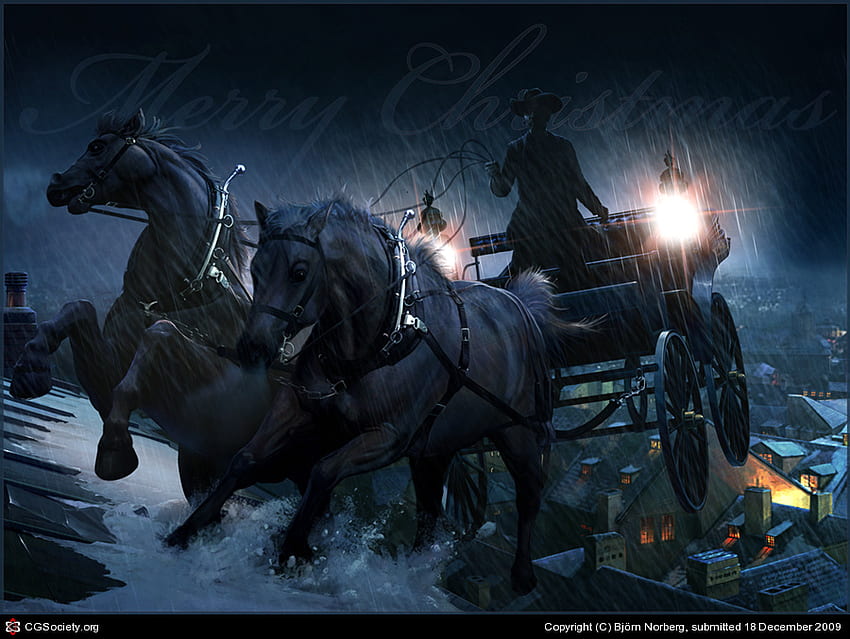 Merry Christmas, horse, carriage, light, snow HD wallpaper
