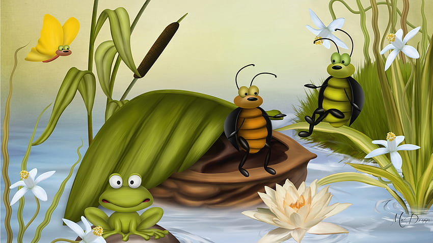 Spring Frogs and Bugs, lírio, insetos, sapo, primavera, catails, lagoa, lírio, narciso, taboas, flores papel de parede HD