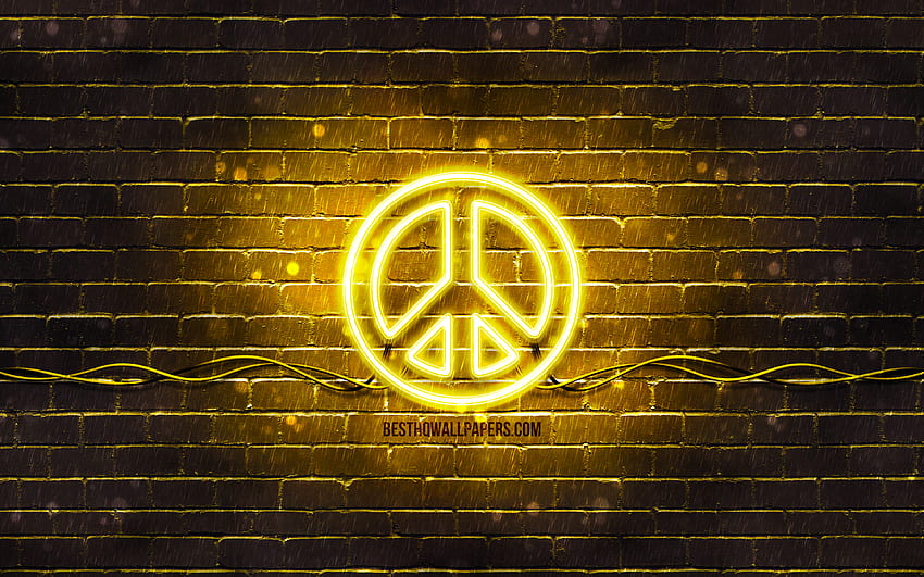 Segno giallo della pace, muro di mattoni giallo, simbolo della pace, creativo, insegna al neon della pace, segno della pace, pace per con risoluzione. Alta qualità Sfondo HD