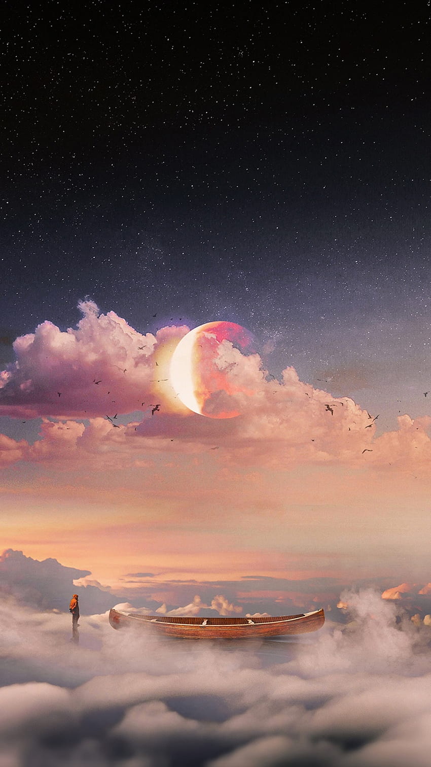 Surrealism, เรือ, เมฆ, Lonely, Man, Starry - พื้นหลัง iPhone เหนือจริง วอลล์เปเปอร์โทรศัพท์ HD