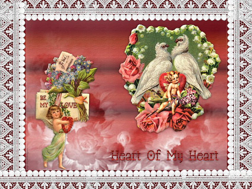 Heart of My Heart, valentine, birds, cupid, childre, flowers, lace, victorian HD wallpaper