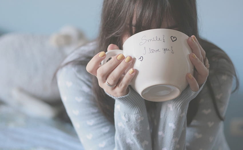 Smile, graphy, tea, girl, cup, woman, love, coffee, heart HD wallpaper