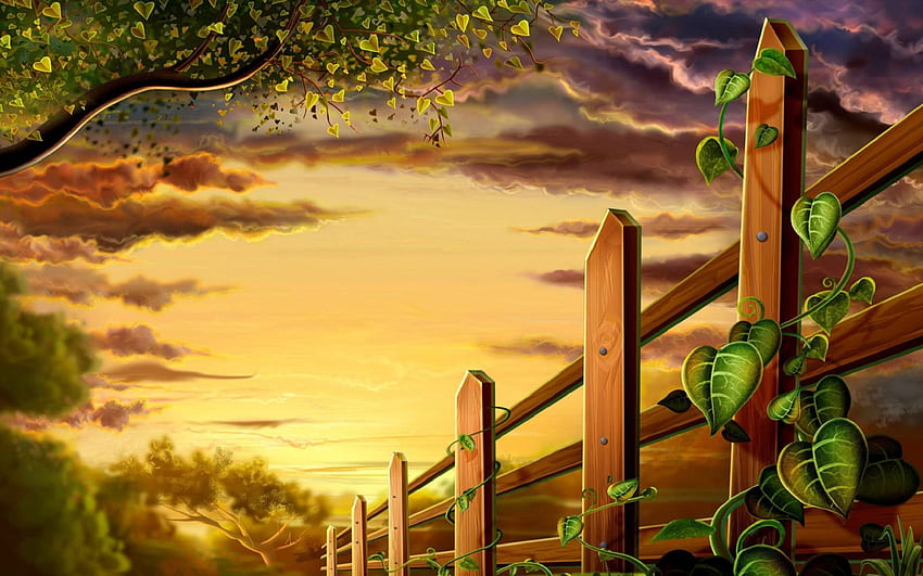 Дървена ограда, дърво, растение, дърво, абстрактно, поле, ограда, листа, небе, залез HD тапет