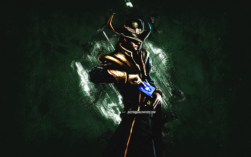 Twisted Fate, League of Legends, green stone background, LoL, League of Legends characters, Twisted Fate League of Legends HD wallpaper