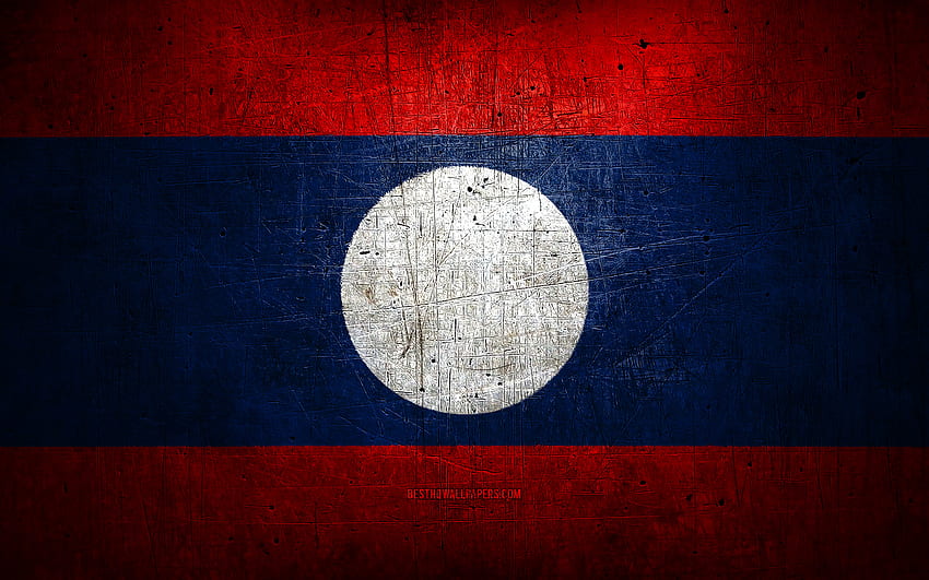 Laotian metal flag, grunge art, asian countries, Day of Laos, national symbols, Laos flag, metal flags, Flag of Laos, Asia, Laotian flag, Laos HD wallpaper