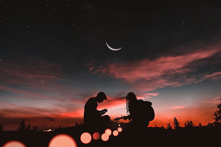 Sunset, Dark, Couple, Pair, Silhouettes, Starry Sky, Guitar, Romance HD wallpaper