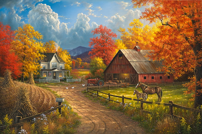 country blessings, clouds, autumn, nature, paintings, country, houses, beauty HD wallpaper