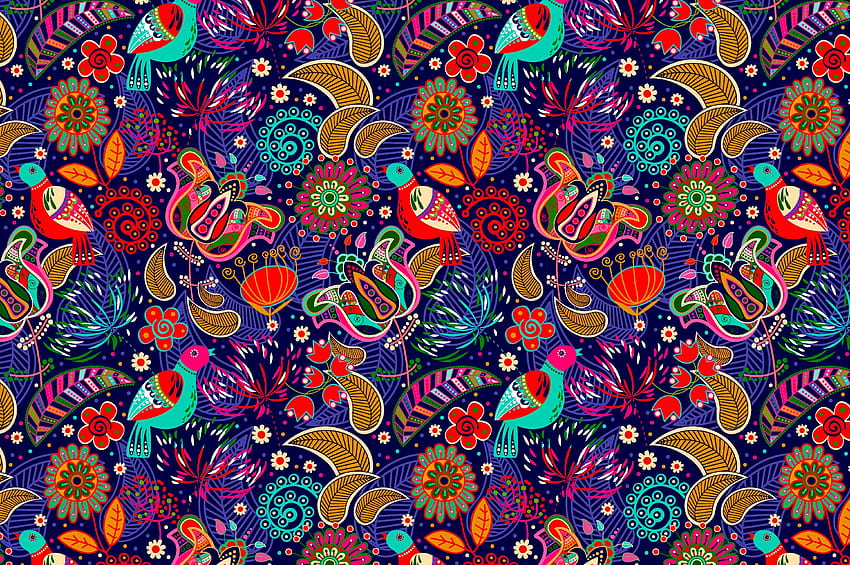 Patrón, colorido, pájaros, hojas, flores. fondo de pantalla