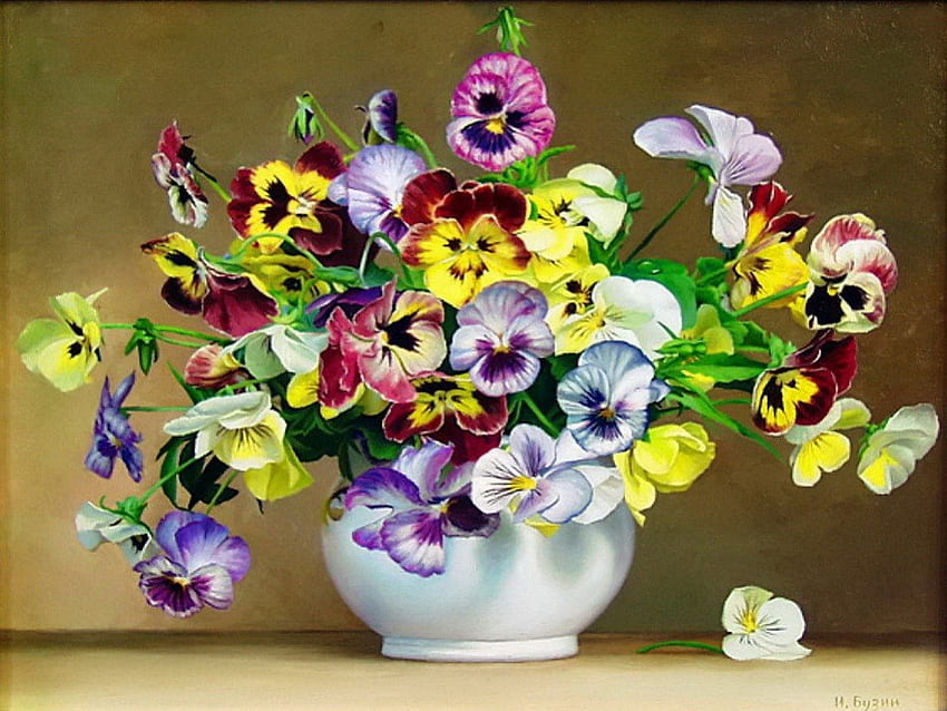 Bouquet de pensées, coloré, vase, beau, gentil, tendre, pensées, nature morte, délicat, joli, fraîcheur, fleurs, violettes, charmant Fond d'écran HD