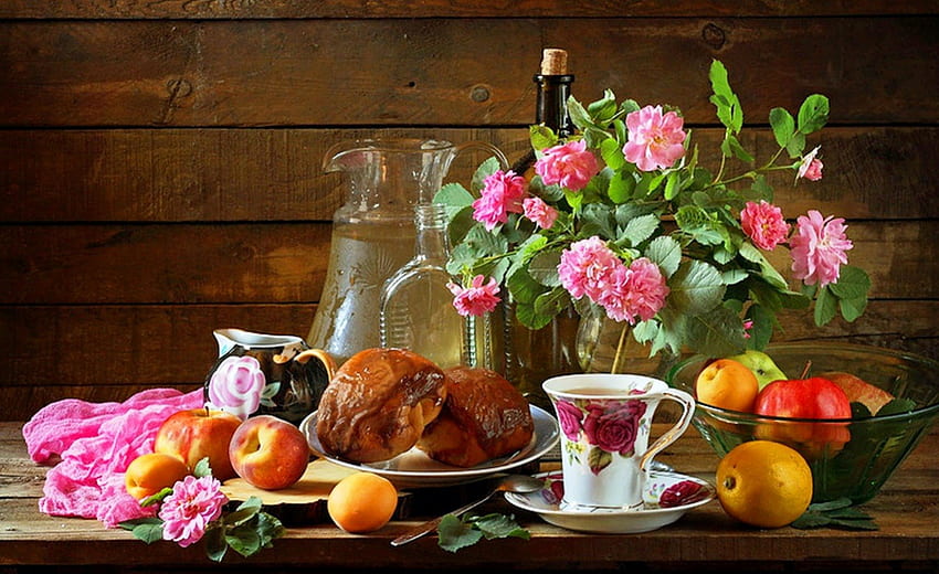 Натюрморт, лимонада, понички, маса, чай, рози, ваза, цветове, плодове, чаша, розово, свежест, цветя, чаша за чай, чинийка, порцелан HD тапет