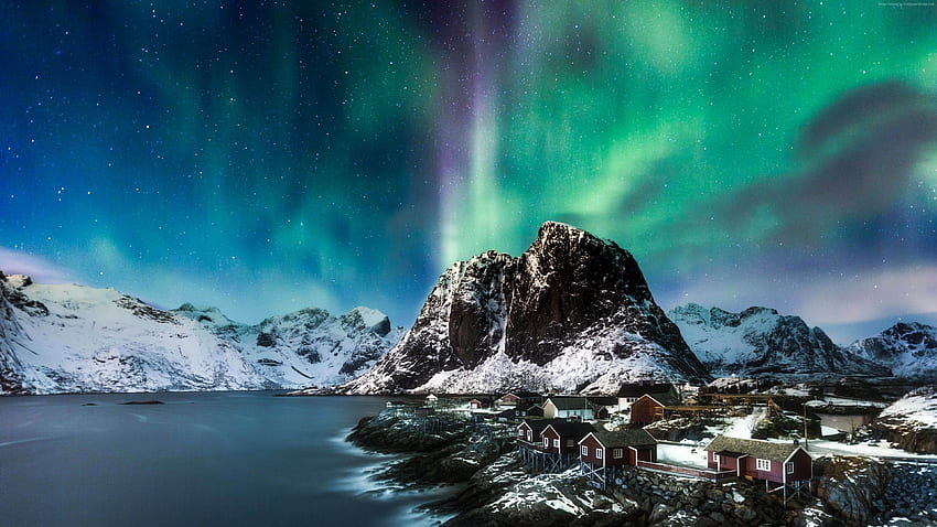 Norway, Lofoten islands, Europe, Mountains, sea, night, northern lights, , Nature wall. Lofoten, Northern lights, Nature, Europe Landscape HD wallpaper