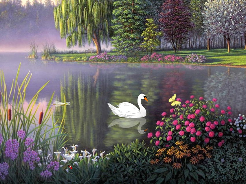 BELLEZA, cisne, bosque, lago fondo de pantalla